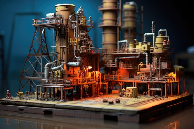 Photo toy oil refinery station miniature toy composition for an oil refinery with pipes and buildings