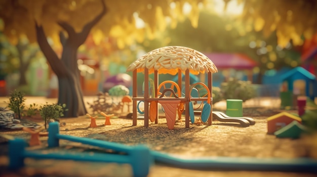 A toy park with a tree and a playground in the background