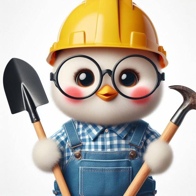 Photo a toy penguin wearing a hard hat and glasses holding a shovel