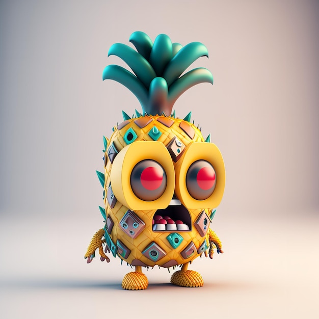 A toy pineapple with a green head and red eyes.