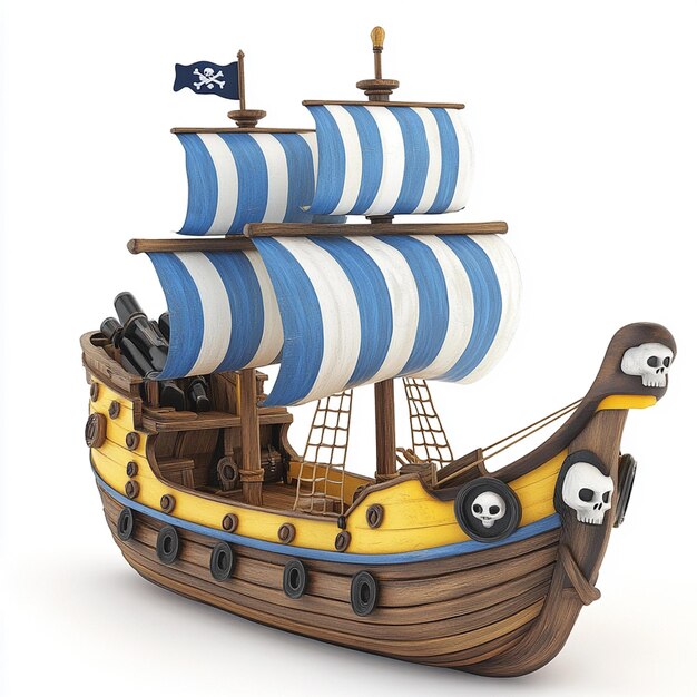 Photo a toy pirate ship with blue and white striped sails