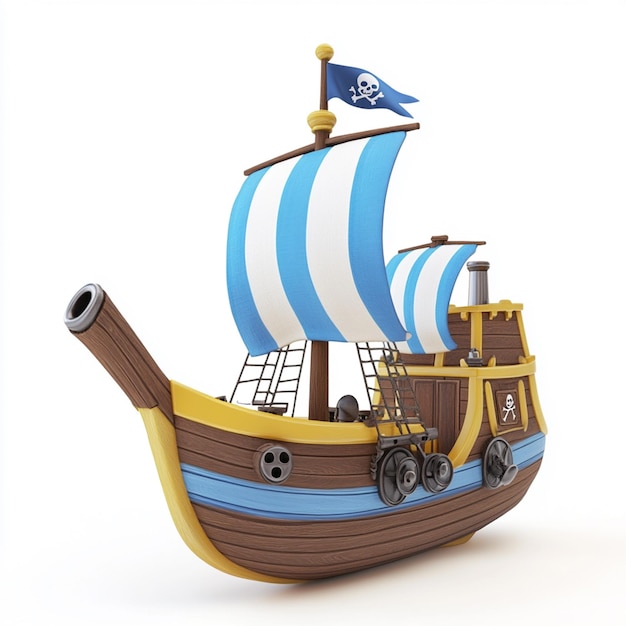 Photo a toy pirate ship with blue and white striped sails