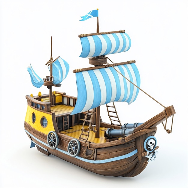 Photo a toy pirate ship with blue and white striped sails