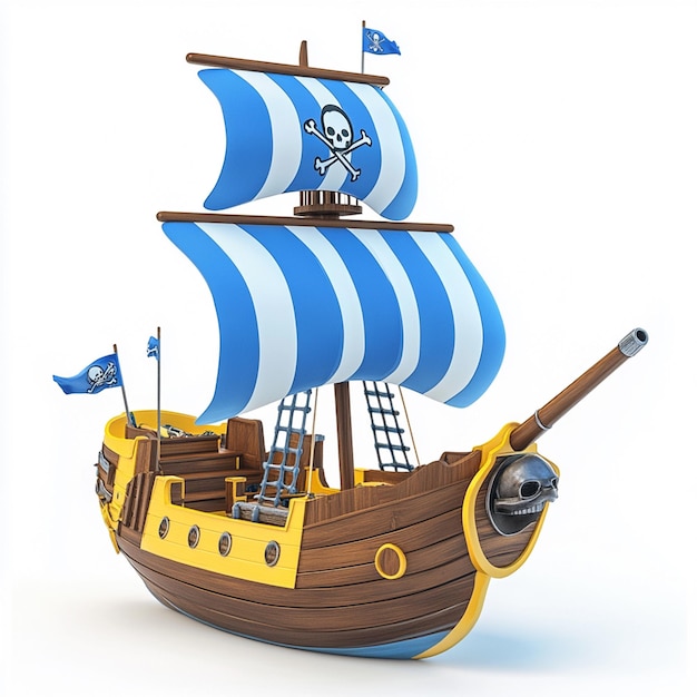 Photo a toy pirate ship with blue and white striped sails