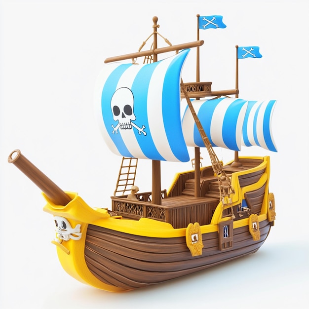 Photo a toy pirate ship with blue and white striped sails