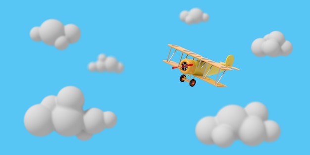 Toy plane flies among the cartoon clouds against the sky. Bright children's illustration. 3D rendering.