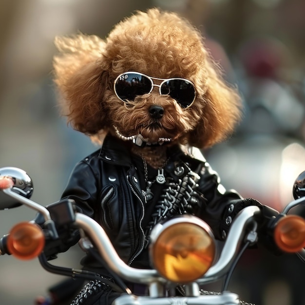 Photo a toy poodle puppy wearing a black leather jacket leather pants and boots with police sunglasses