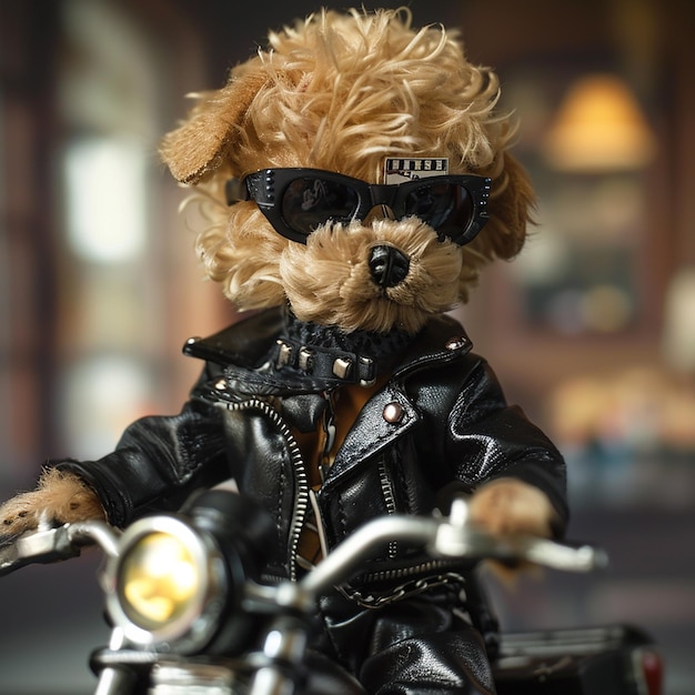 Photo a toy poodle puppy wearing a black leather jacket leather pants and boots with police sunglasses