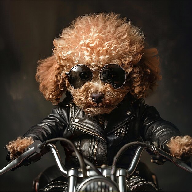 Photo a toy poodle puppy wearing a black leather jacket leather pants and boots with police sunglasses