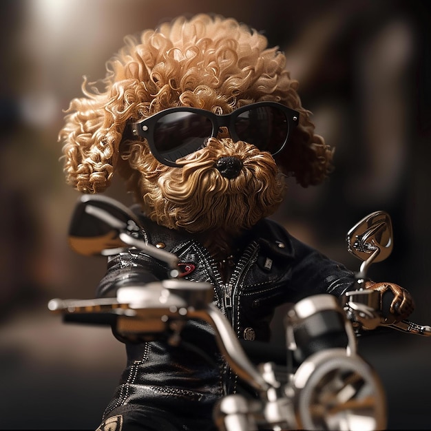 Photo a toy poodle puppy wearing a black leather jacket leather pants and boots with police sunglasses