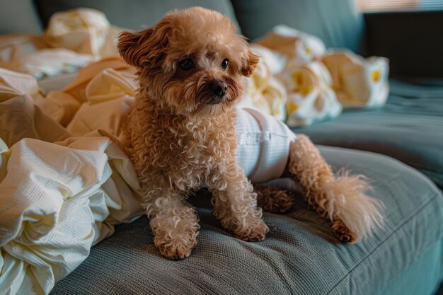 Photo toy poodle on sofa with diapers sticking out tongue toy poodle on sofa with diapers