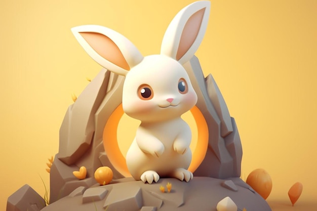 a toy rabbit sits on a rock with orange background.