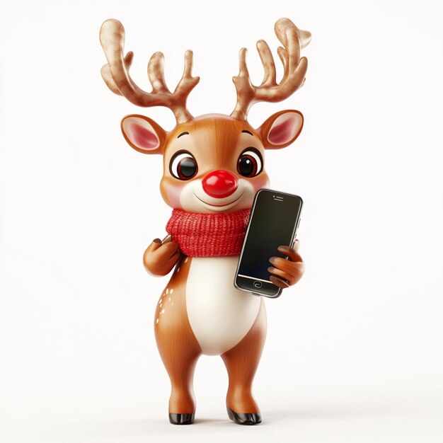 Photo a toy reindeer with a red nose holding a phone