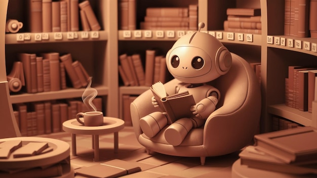 a toy robot sits in a chair with books in front of him