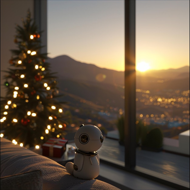 Photo a toy robot sits on a couch in front of a christmas tree