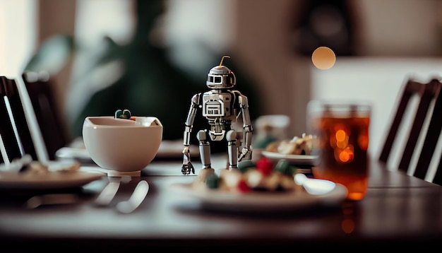 A toy robot sitting on a table with a cup