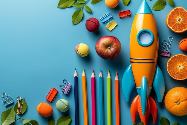 Toy rocket amidst rangpur orange clementine and pencils on a blue background