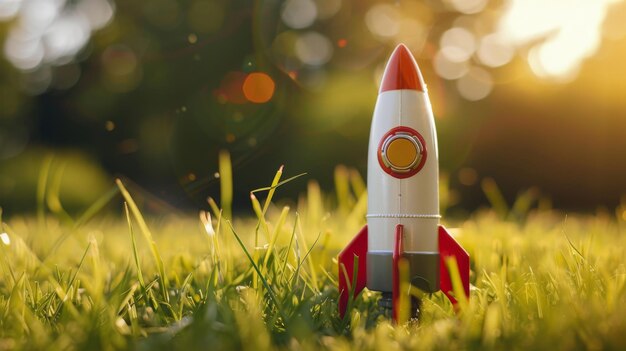 Toy Rocket in Grassy Field with Sunset Background