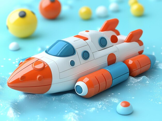 Photo toy rocket ship with colorful balls in water