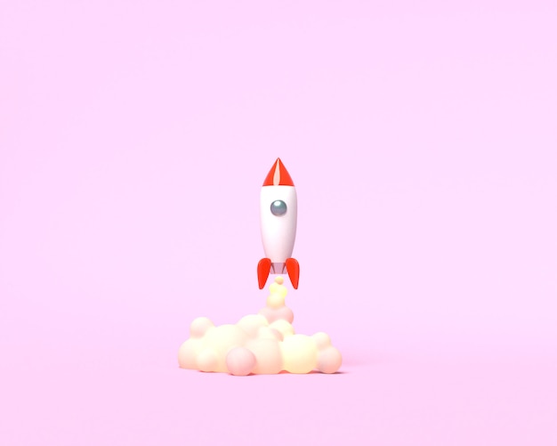 Toy rocket takes off from the books spewing smoke on a pink background