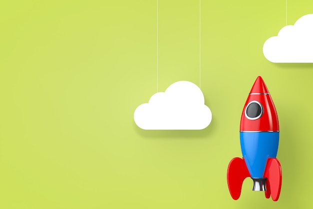 Toy Rocket with Clouds on a green background. 3d Rendering