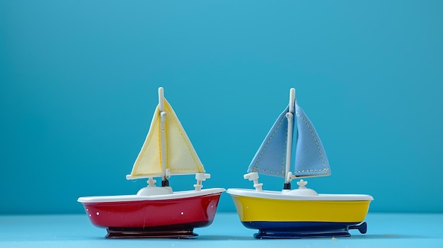 Photo a toy sailboat with a yellow sail next to it