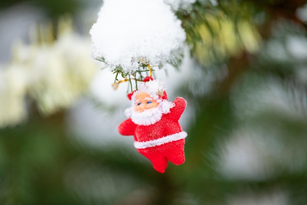 Toy Santa Clause hanging on a branch of Christmas tree close up