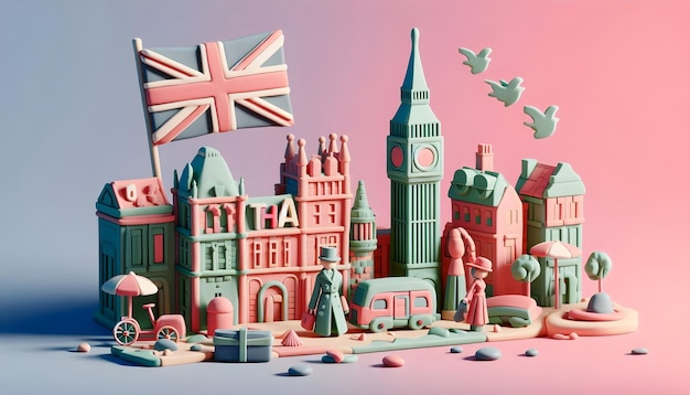 a toy set of a toy castle with a flag and a building with the word british on it