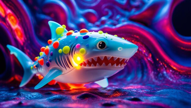 Photo a toy shark adorned with colorful dots swims through a vivid underwater backdrop