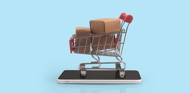 Toy shopping cart with coins Consumer society trend on smartphone