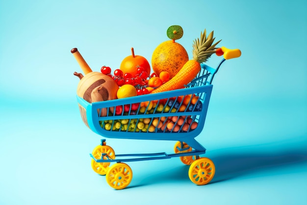 Toy shopping cart with fruits and vegetables on blue background