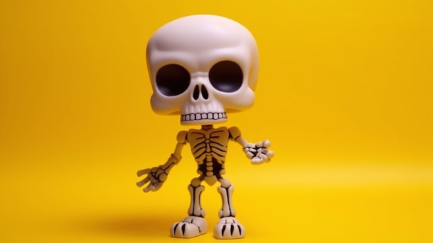 A toy of a skeleton stands on a yellow background.