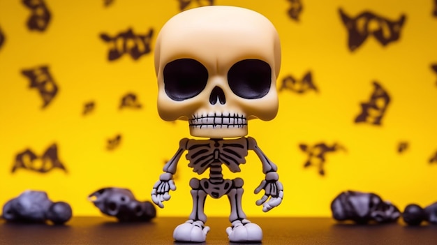 A toy of a skeleton with a yellow background