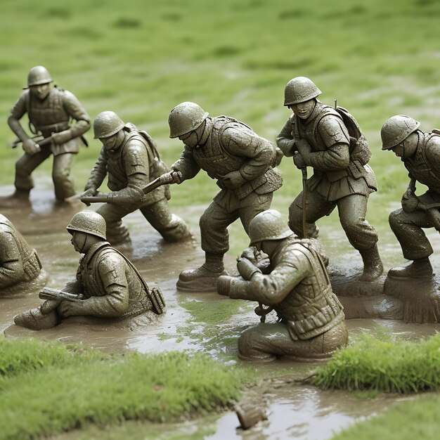 Toy soldiers in mud aiming for victory