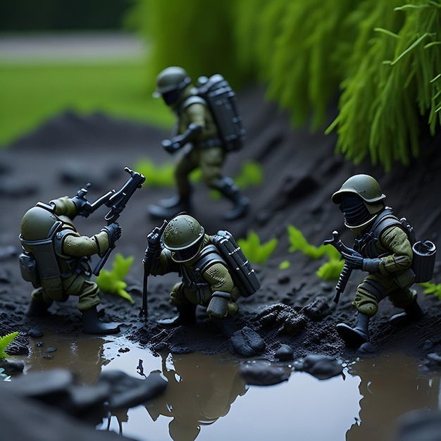 Toy soldiers in mud aiming for victory