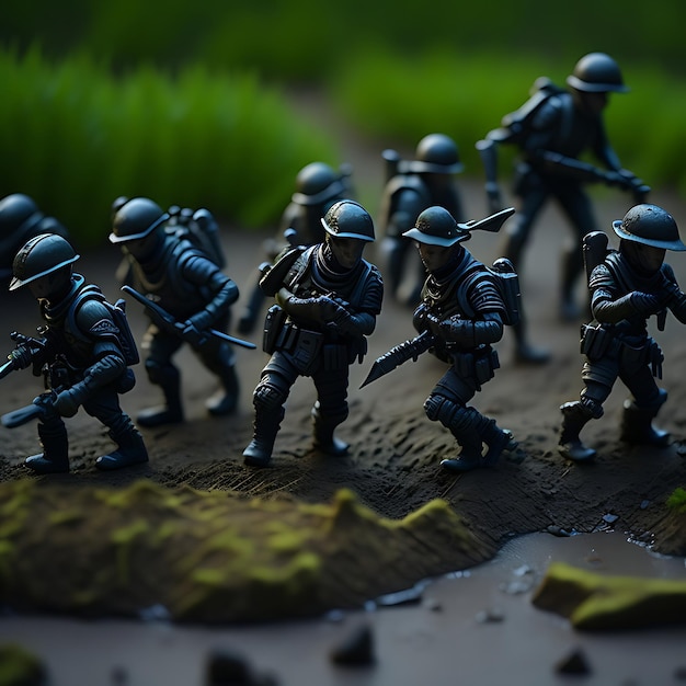 Toy soldiers in mud aiming for victory