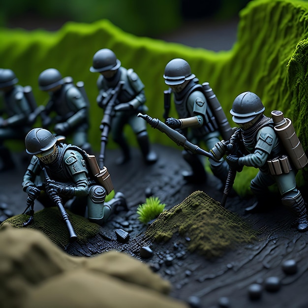 Toy soldiers in mud aiming for victory