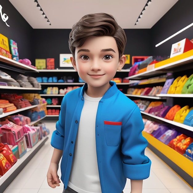 a toy store with a boy in a blue jacket and a white shirt