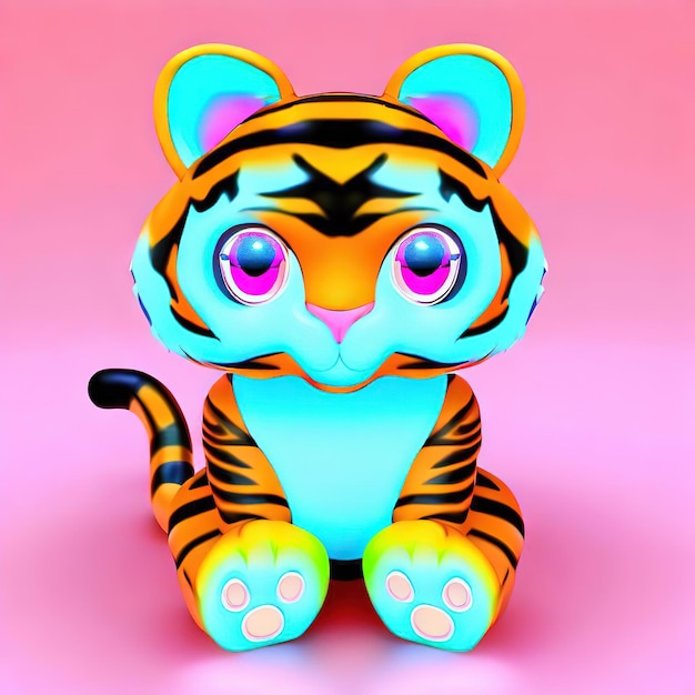 A toy tiger with blue eyes sits on a pink background.