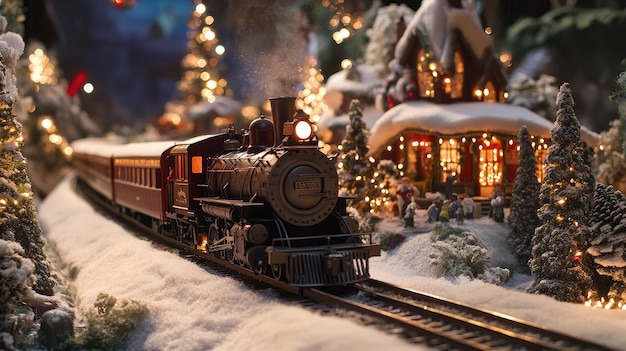 a toy train is on a track with a christmas tree in the background