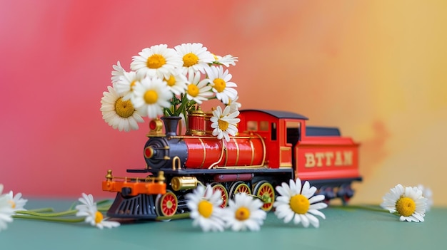 Photo toy train with bouquet of daisies