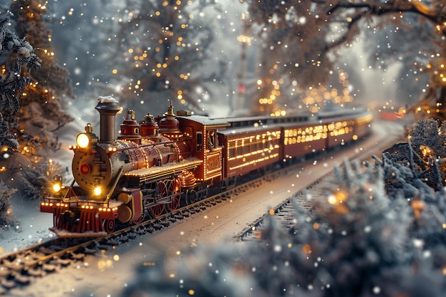 a toy train with lights on the roof and a christmas tree in the background