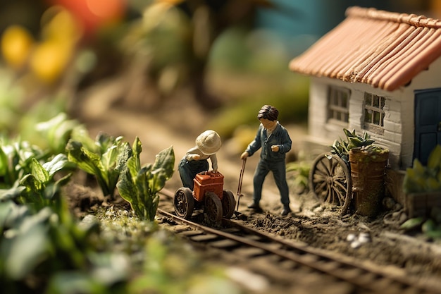 Photo a toy train with a man and a house on the side of it