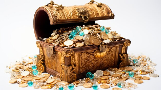 Photo toy treasure chest with gold coins on a white background