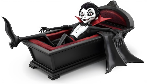 a toy of a vampire with a red leather seat and a black and white shirt