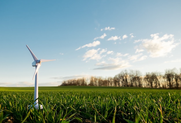 Toy wind turbine on a green wheat field