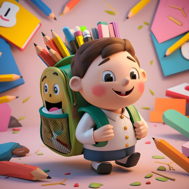 a toy with a boy in a green backpack and a pencil in front of a colorful board