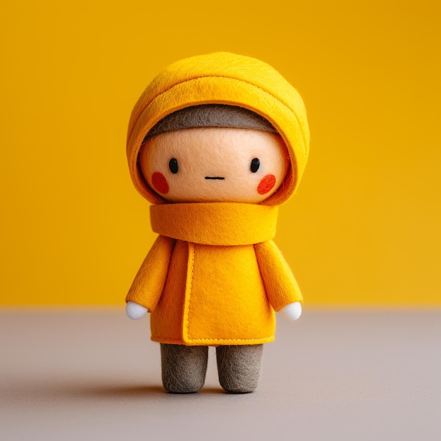 a toy with a yellow coat and a hood that says quot sad quot