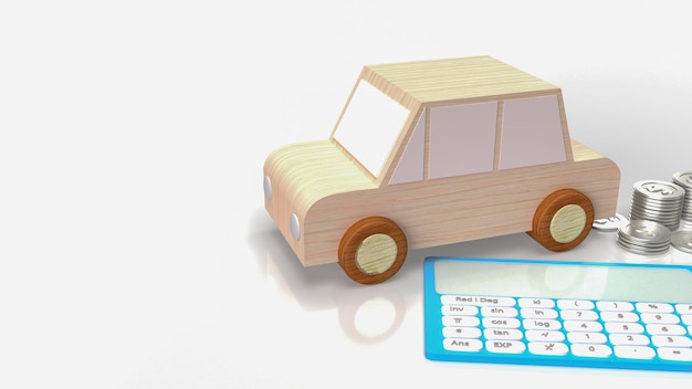 The toy wood car and blue calculator on white background 3d rendering