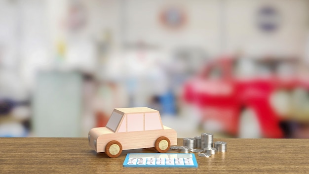 The toy wood car and blue calculator on wood table 3d rendering